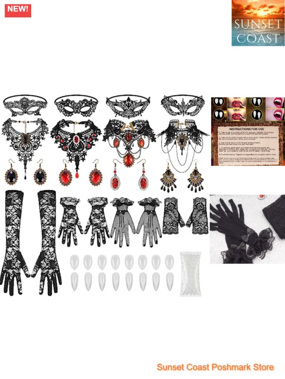 Gothic Vampire Costume Accessory Set Lace Bead Resin Halloween Cosplay 24 Pcs